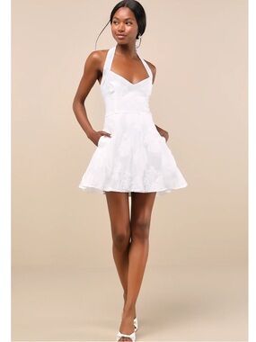 Lulus Bonni White Floral Jacquard Halter Skater Skirt Pockets Mini Dress NWT Sm
